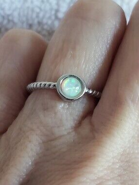 Sterling Natural Opal Ring, NEW, SZ 6, Tiny Band, Natural Beauty W/Rainbow Color